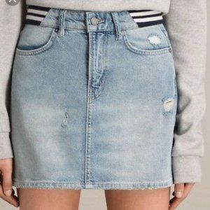 Allsaints High Rise Ribcage Mini Distressed Striped Waistband Denim Skirt SZ 0